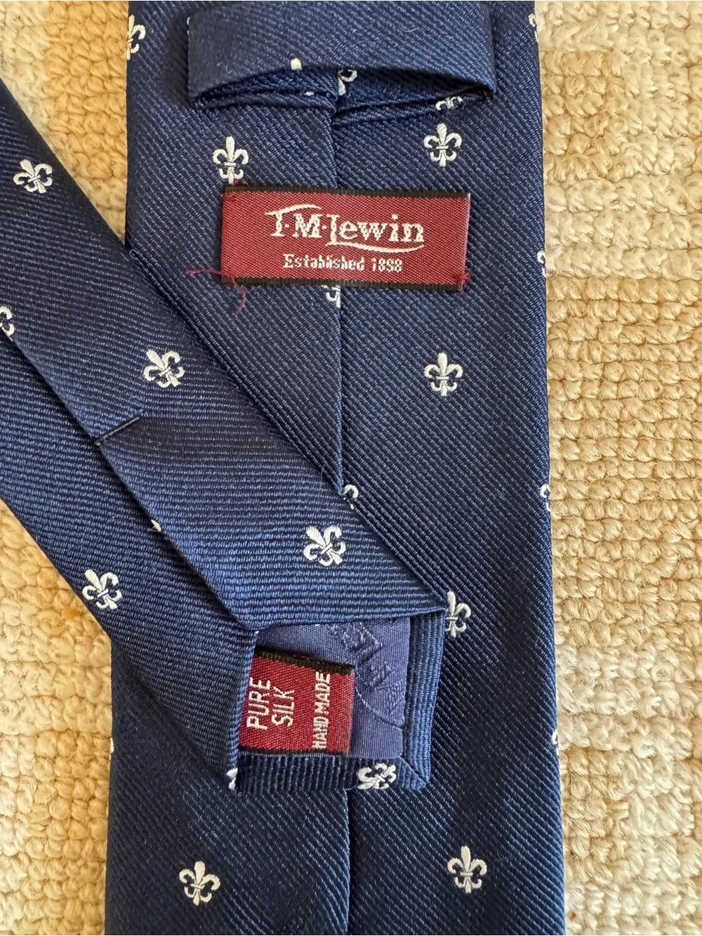 T.M. Lewin Fleur de Lis Silk Tie Navy Blue Classic Preppy Work
